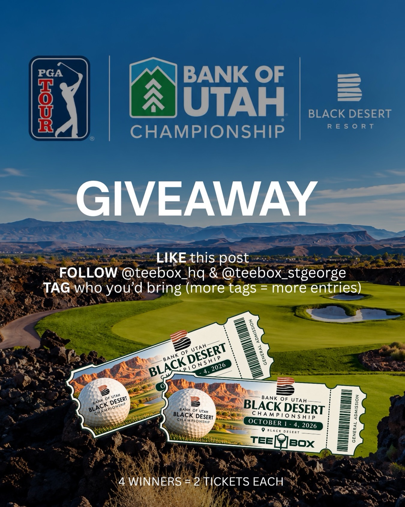 The PGA TOUR is coming to Southern Utah! ⛳️🏆

The @bouchampionship at Black Desert is happening October 1&ndash;4, and we&rsquo;re so excited for @teebox_hq to be a part of the championship! To celebrate, we&rsquo;re giving away 8 TICKETS! 🎟️

FOUR WINNERS will each receive TWO tickets!

To enter:
⛳️ Like this post
⛳️ Follow @teebox_hq + @teebox_stgeorge 
⛳️ Tag who you want to bring with you!

We&rsquo;ll be reaching out to all 4 winners on Wednesday! 👀
Good luck & we&rsquo;ll see you at @blackdesertresort 🏌️&zwj;♂️✨