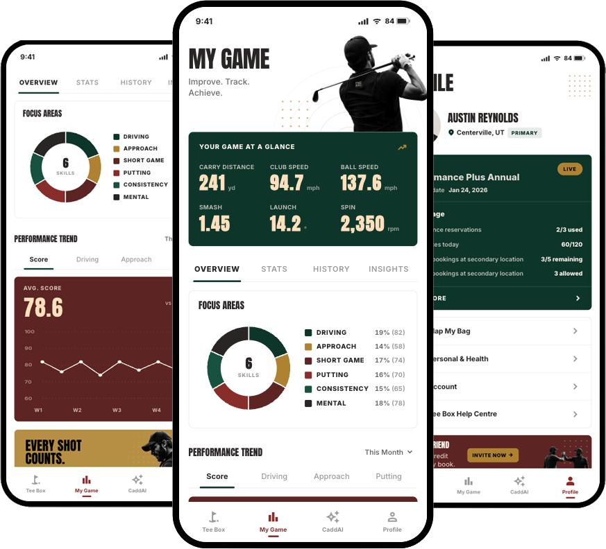 Multiple Tee Box app screens showing golf performance tracking and player profile features.