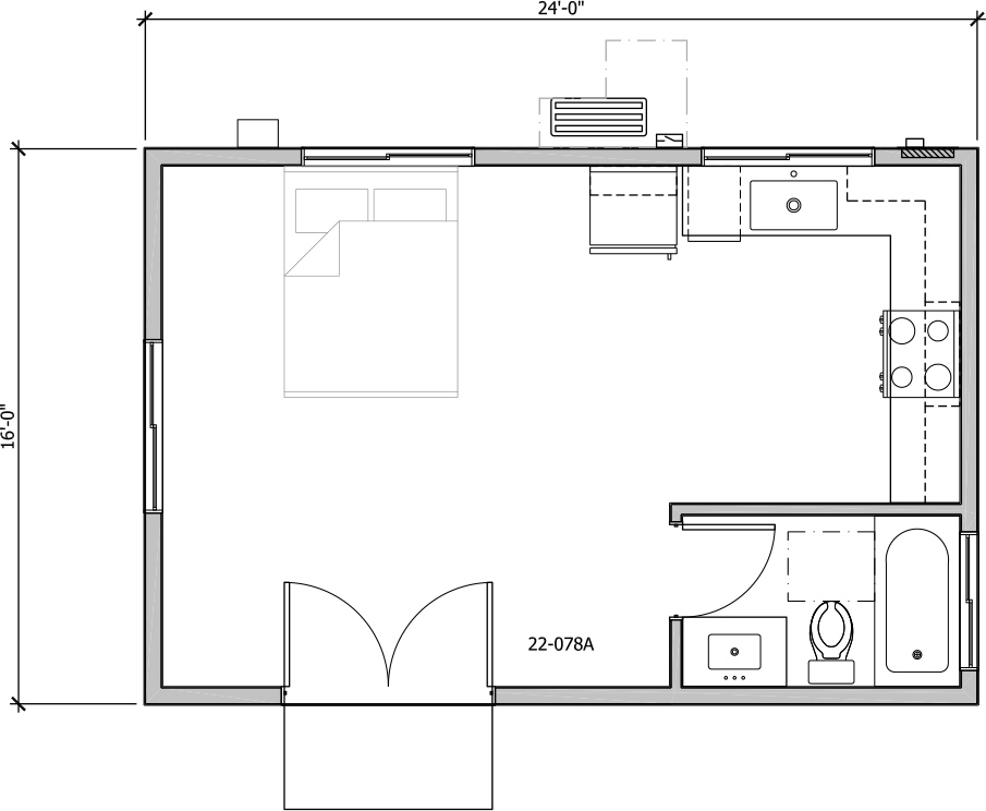 Anchored Tiny Homes model A-384 dimensions.