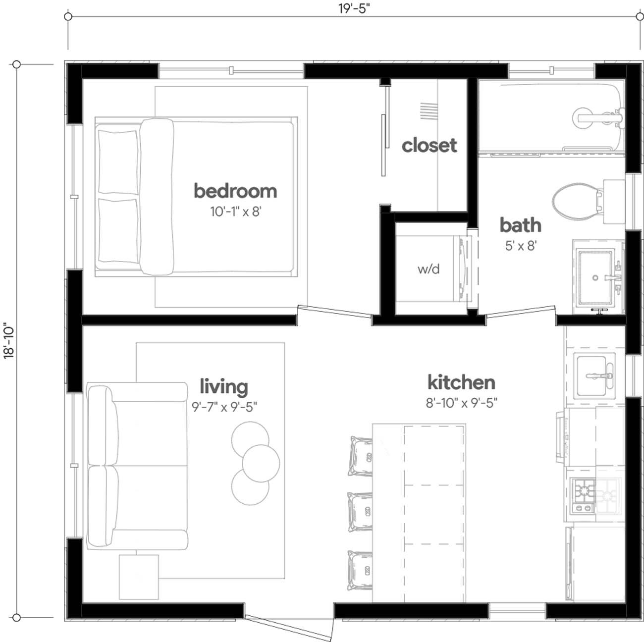 Anchored Tiny Homes model B-364 dimensions.