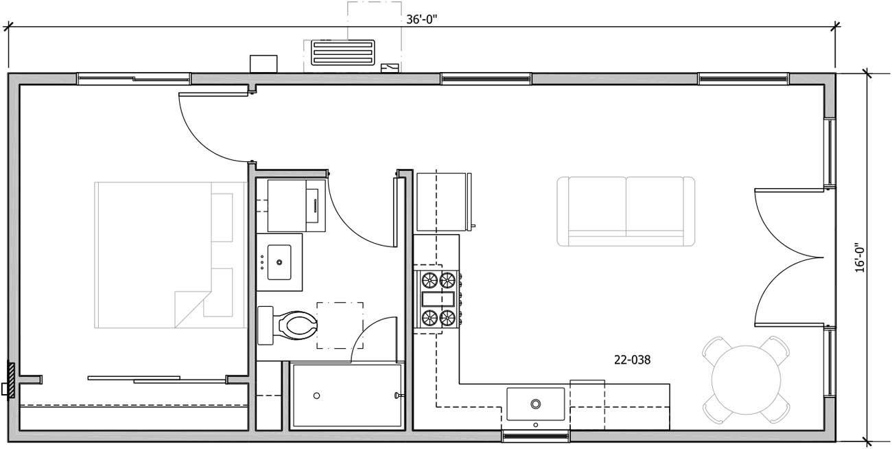 Anchored Tiny Homes model B-576 dimensions.