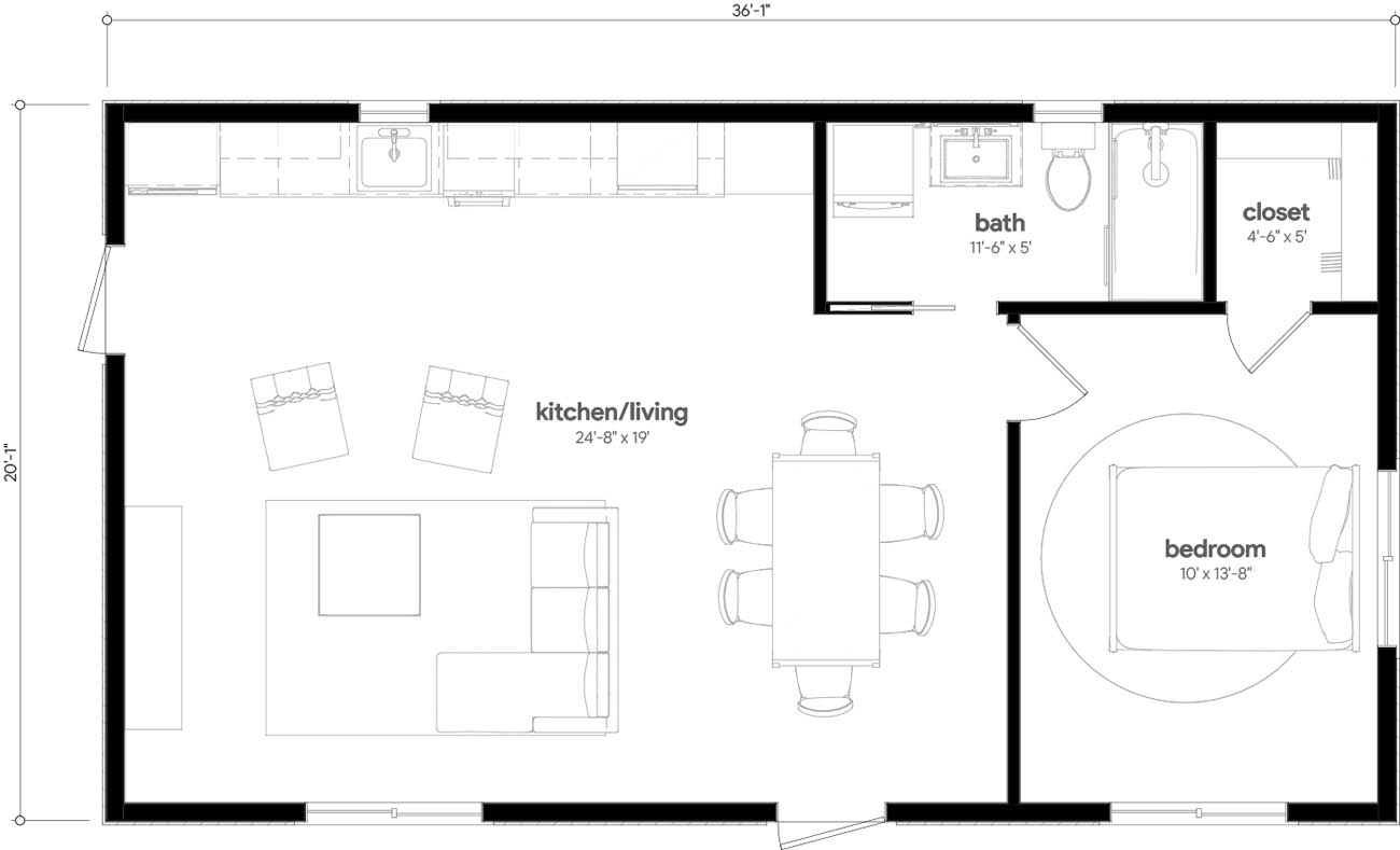 Anchored Tiny Homes model B-700 dimensions.