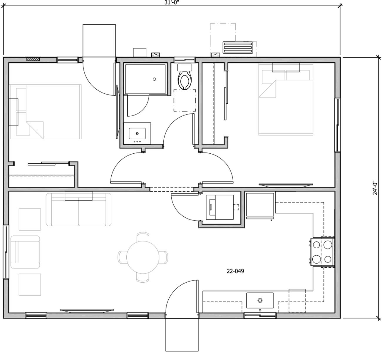 Anchored Tiny Homes model C-744 dimensions. 