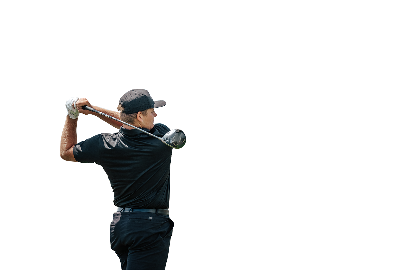 Tee Box golfer swinging on an outside course.